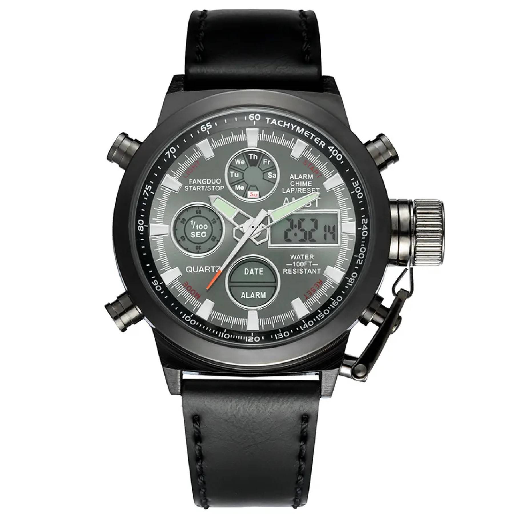 Orologio Militare AMST Uomo, Doppio Display Analogico-digitale, Cinturino In Pelle, Funzioni GMT, Cronometro E Sveglia, 30m Impermeabile