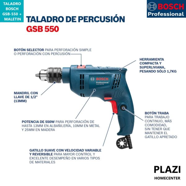 Taladro percutor Bosch gsb 550 re 550w + maletin