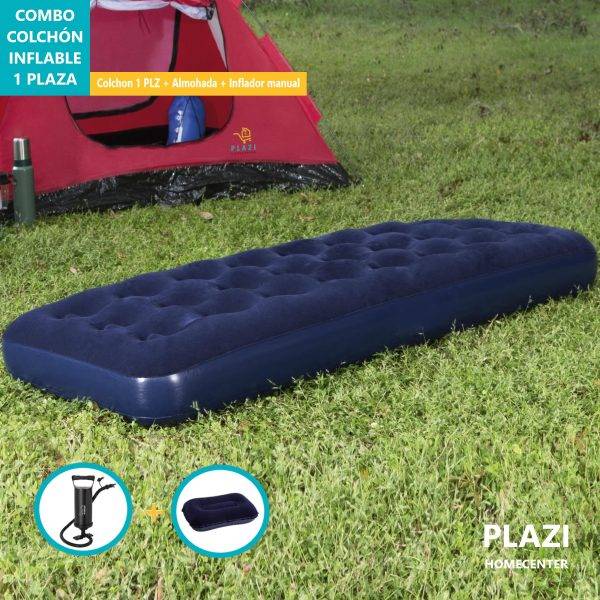 Descansa con comodidad en tus escapadas con el Combo Colchón Inflable 1 Plaza. Perfecto para camping y viajes al aire libre.