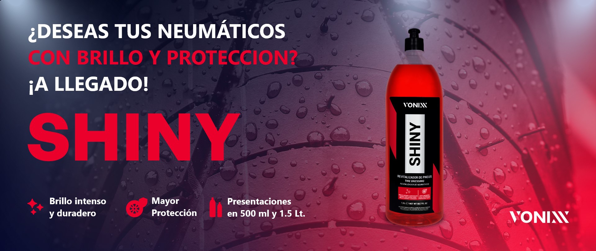 Shiny Vonixx — Abrillantador De Llantas Profesional 500 Ml Shiny Shiny Vonixx 500 Ml – Acondicionador De Neumáticos Con Brillo Negro Intenso. Protege, Hidrata Y Repele El Agua. Resultado Profesional Y Duradero.