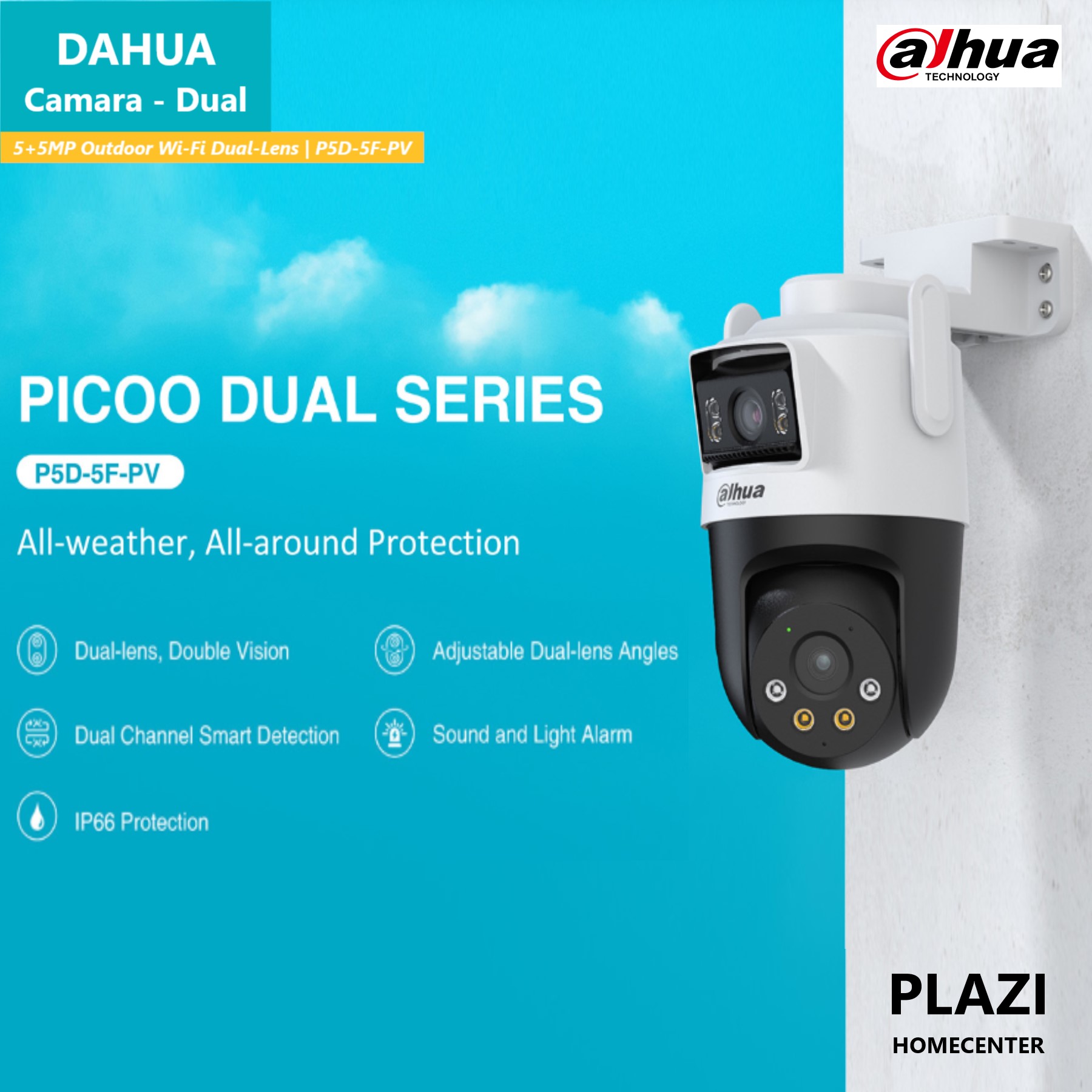 Dahua Camara 5+5Mp Outdoor Wi-Fi Dual-Lens Dahua Dahua, Consta De Cámaras Equipadas Con Lentes Fijas Y Lentes Pt. La Cámara También Activa Alarmas Sonoras Y Luminosas Al Detectar Una Intrusión