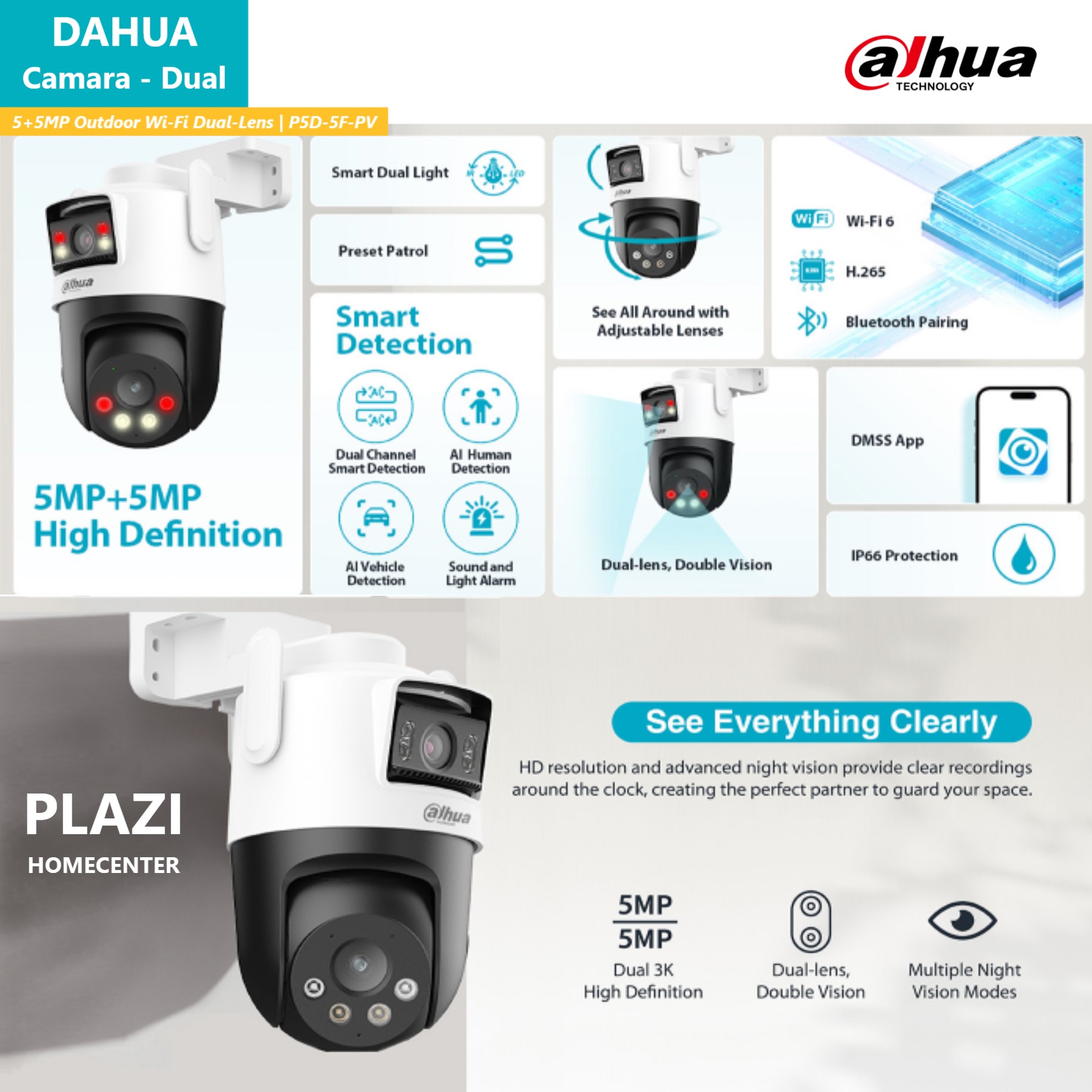 Dahua Camara 5+5Mp Outdoor Wi-Fi Dual-Lens Dahua Dahua, Consta De Cámaras Equipadas Con Lentes Fijas Y Lentes Pt. La Cámara También Activa Alarmas Sonoras Y Luminosas Al Detectar Una Intrusión